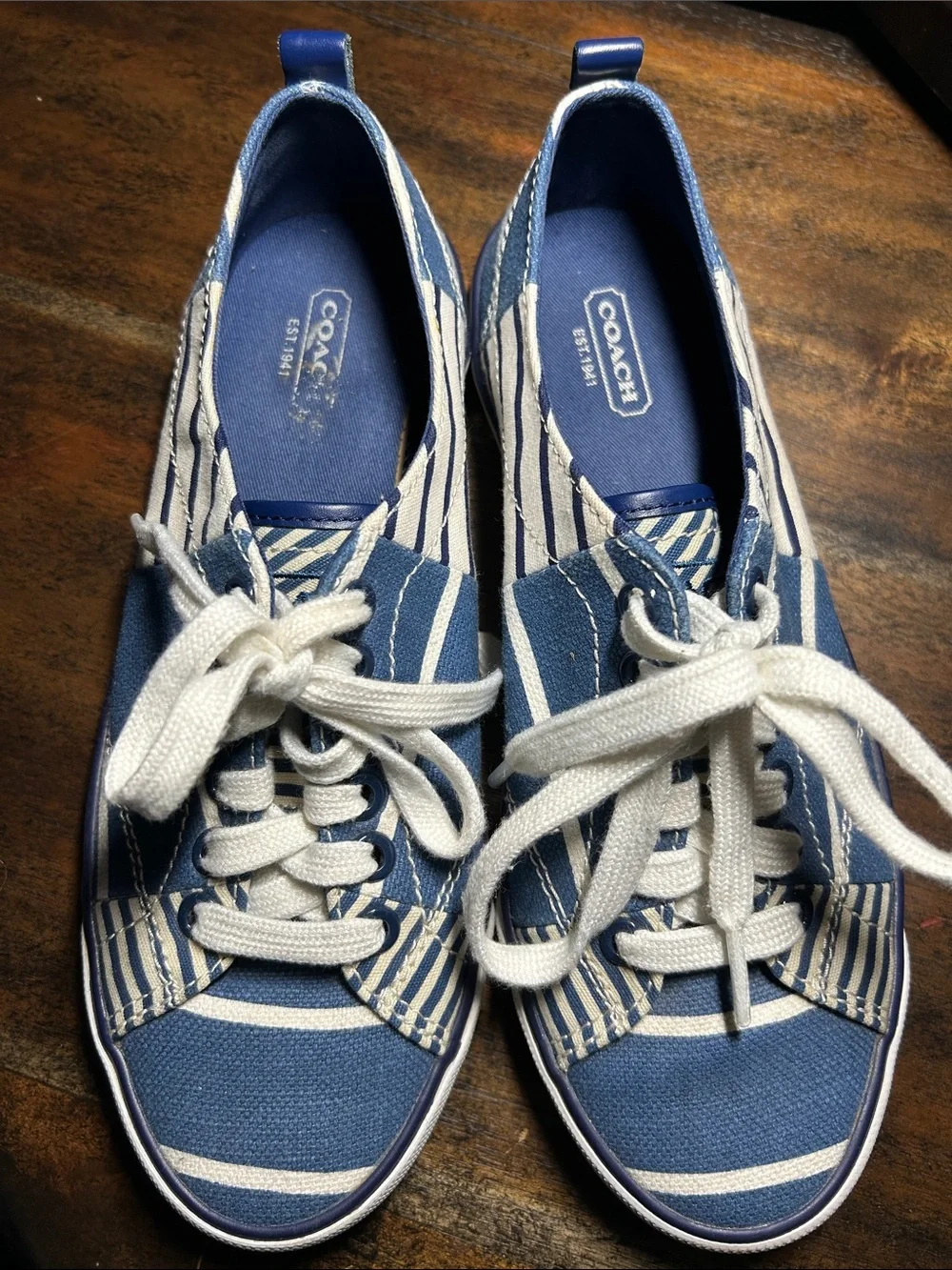 Coach Blue and White Striped Canvas Sneakers for Women Size 7 1/2